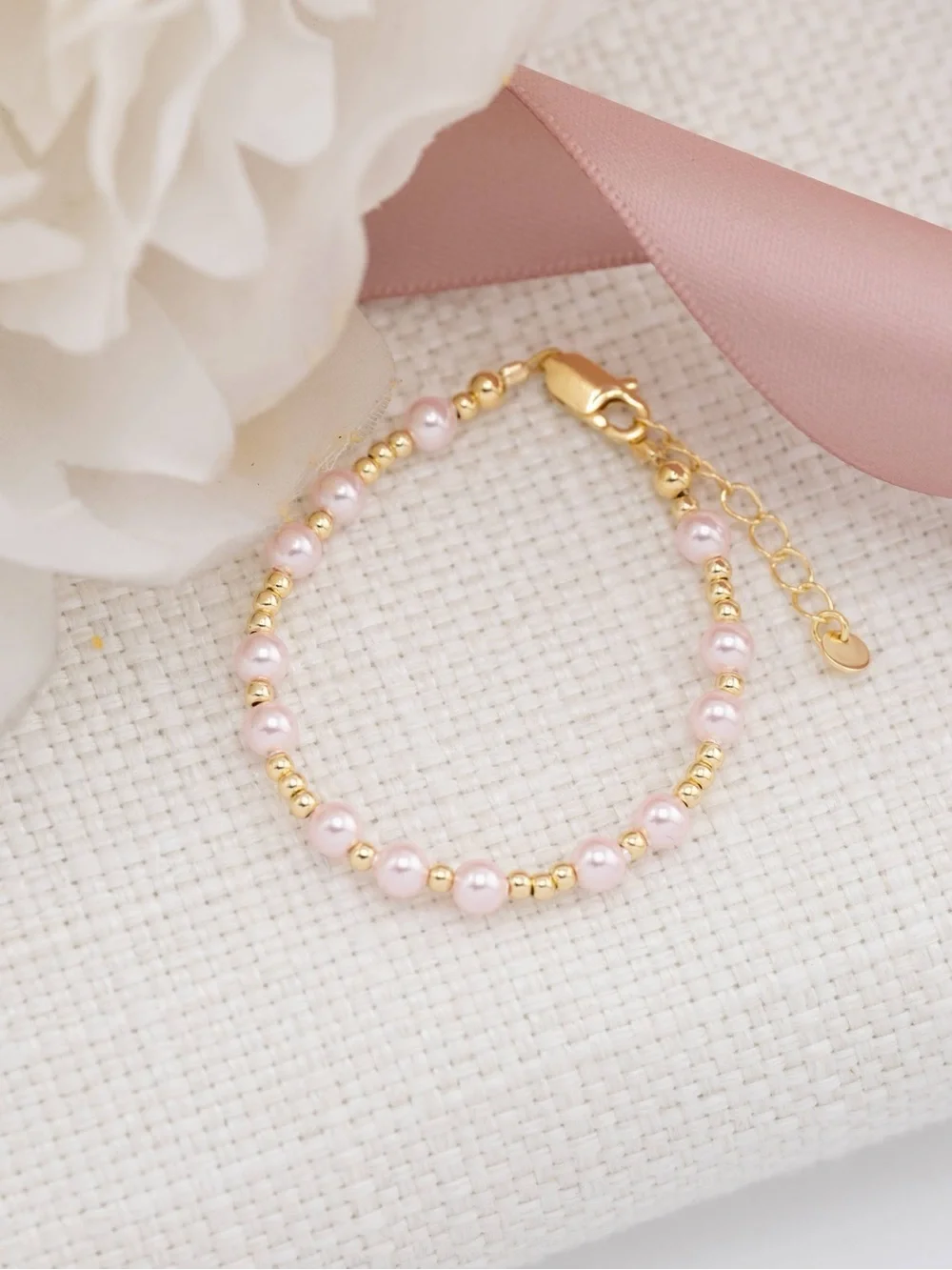 Cherished Moments 14K Gold Plated Pink Pearl Baby or Girls Bracelet : Medium 1-5
